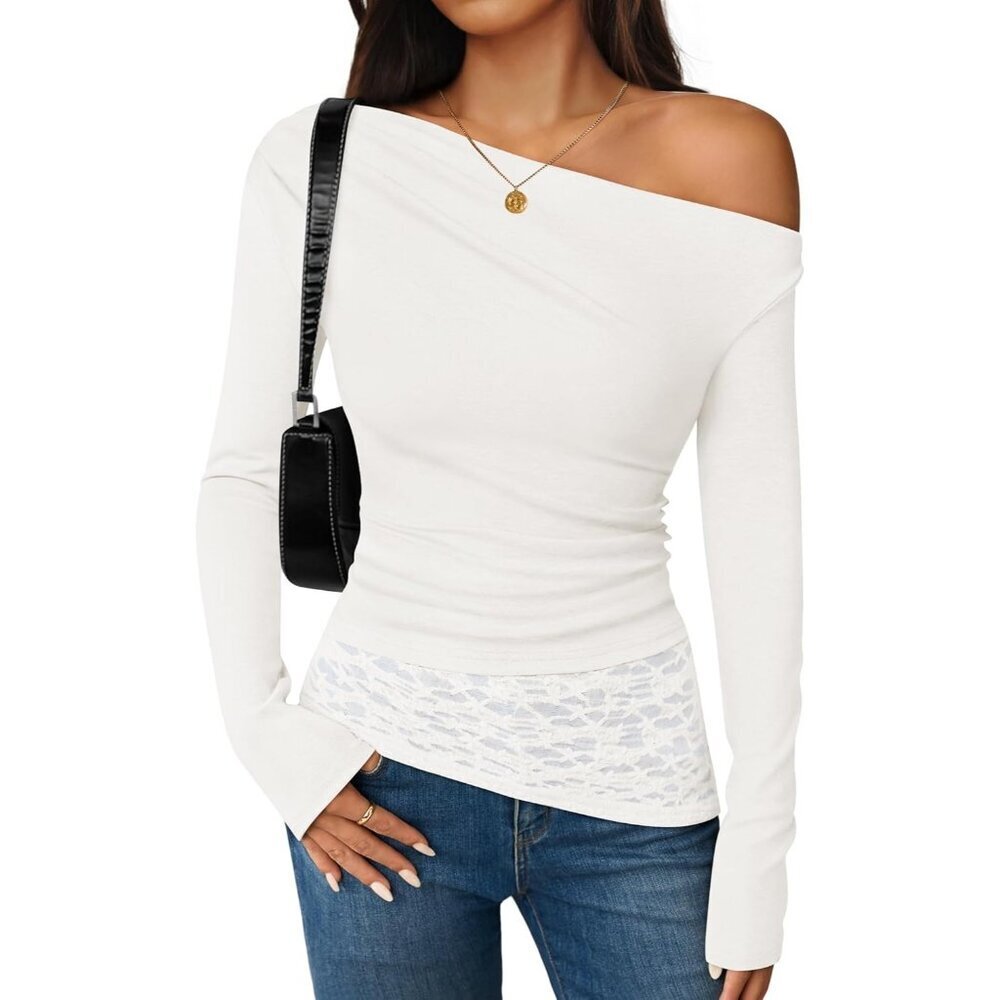 Women's Off Shoulder White Long Sleeve Top Casual Lace Slim Fit Fall Y2K Blouse